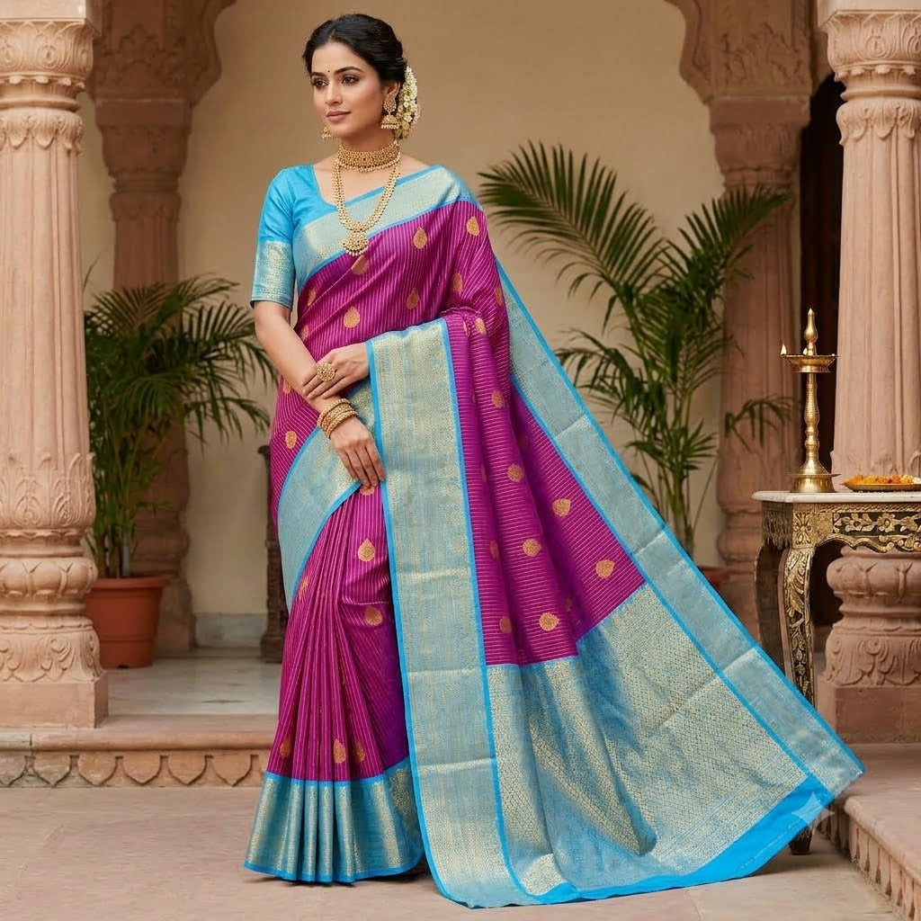 Purple with Sky Blue border Gold zari vertical stripes & teardrop motif Kanchipuram Semi Silk Saree