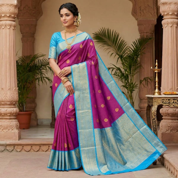 Purple with Sky Blue border Gold zari vertical stripes & teardrop motif Kanchipuram Semi Silk Saree