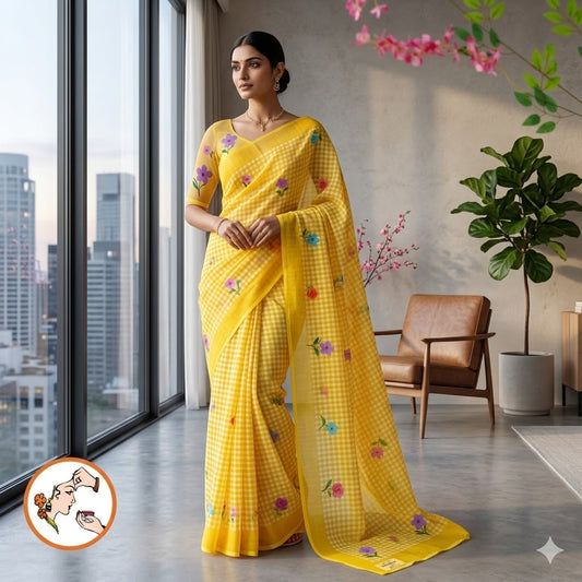 Yellow checks pattern Linen Cotton Casual Saree