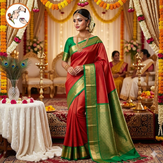 Maroon with Green border Vairoosi stripes Kanchipuram Semi Silk Saree