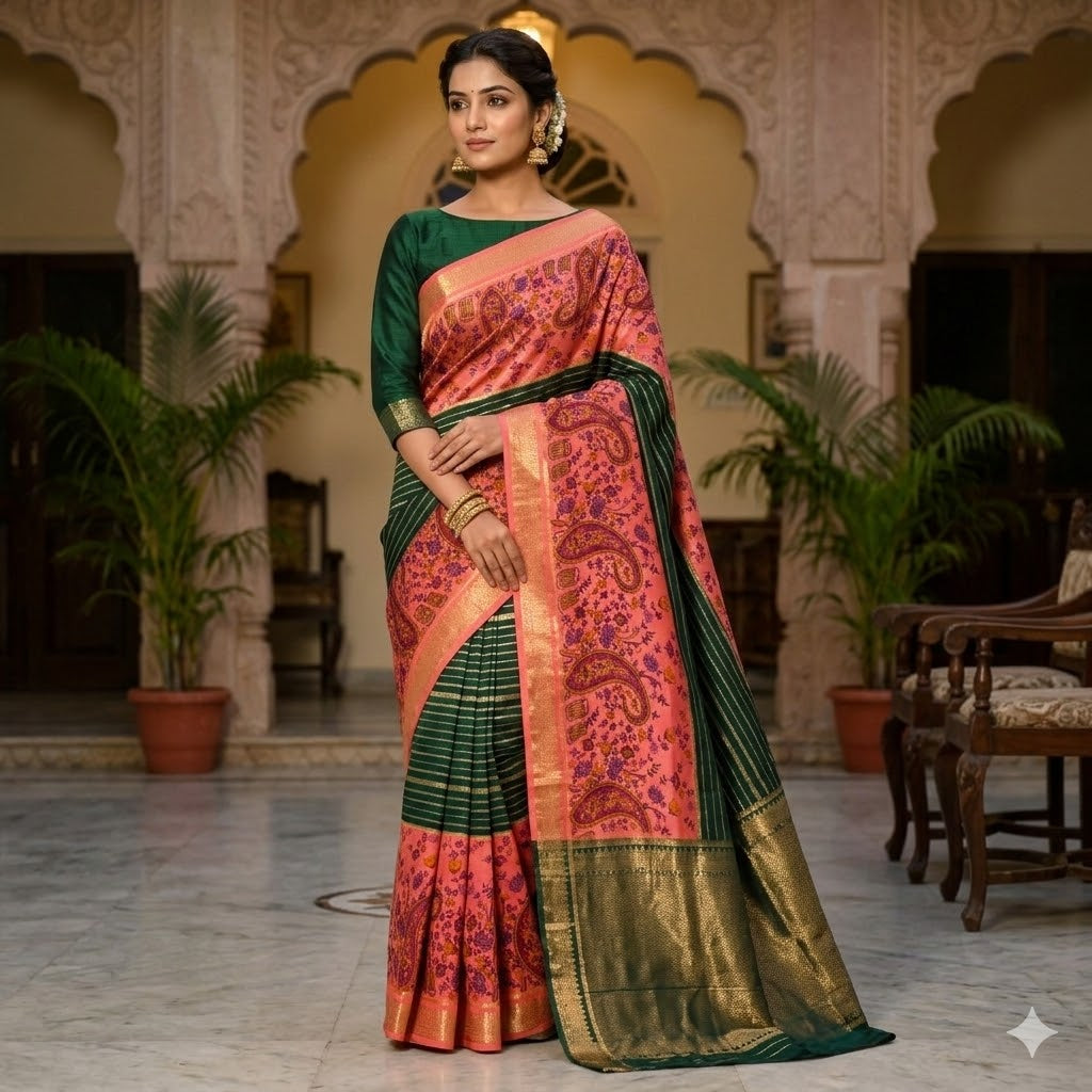 Dark Green & Peach designer semi Mysore Silk Saree