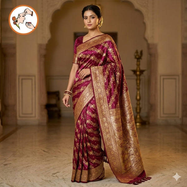 Maroon floral Jaal design Pure Banarasi Silk Partywear Saree