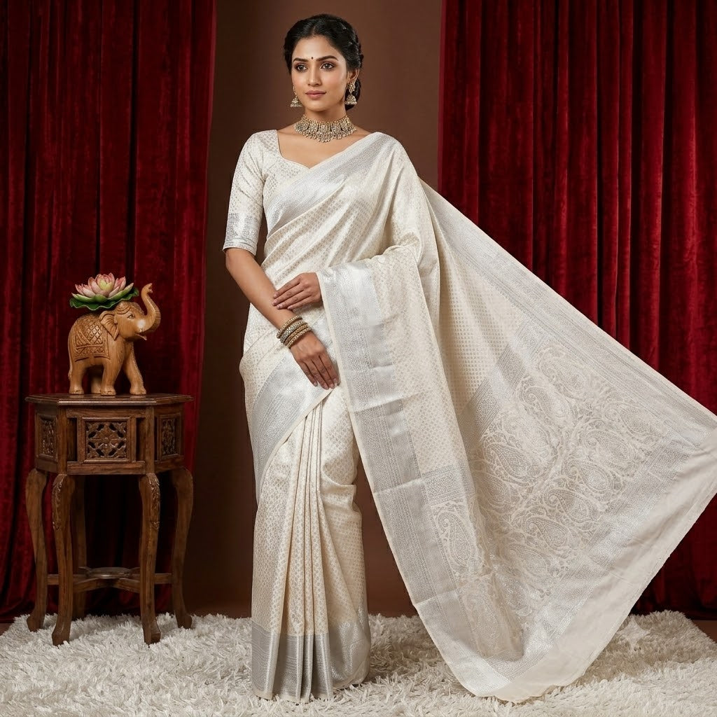 Silvery White Softy Fancy Silk Saree