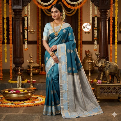 Teal Blue Peacock border Vairoosi stripes Kanchipuram Semi Silk Saree
