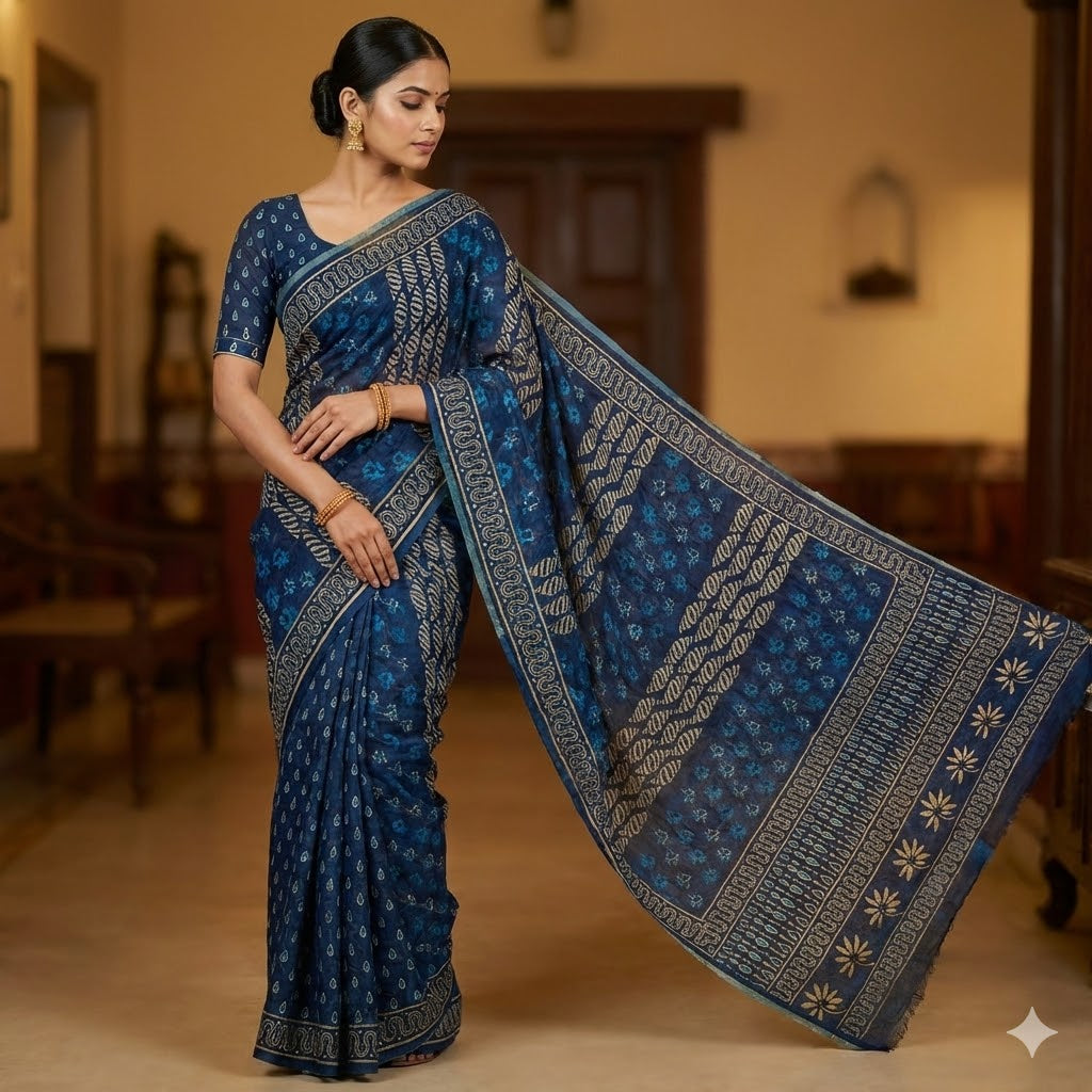 Indigo Blue Chanderi Kantha Embroidary Cotton Casual Saree