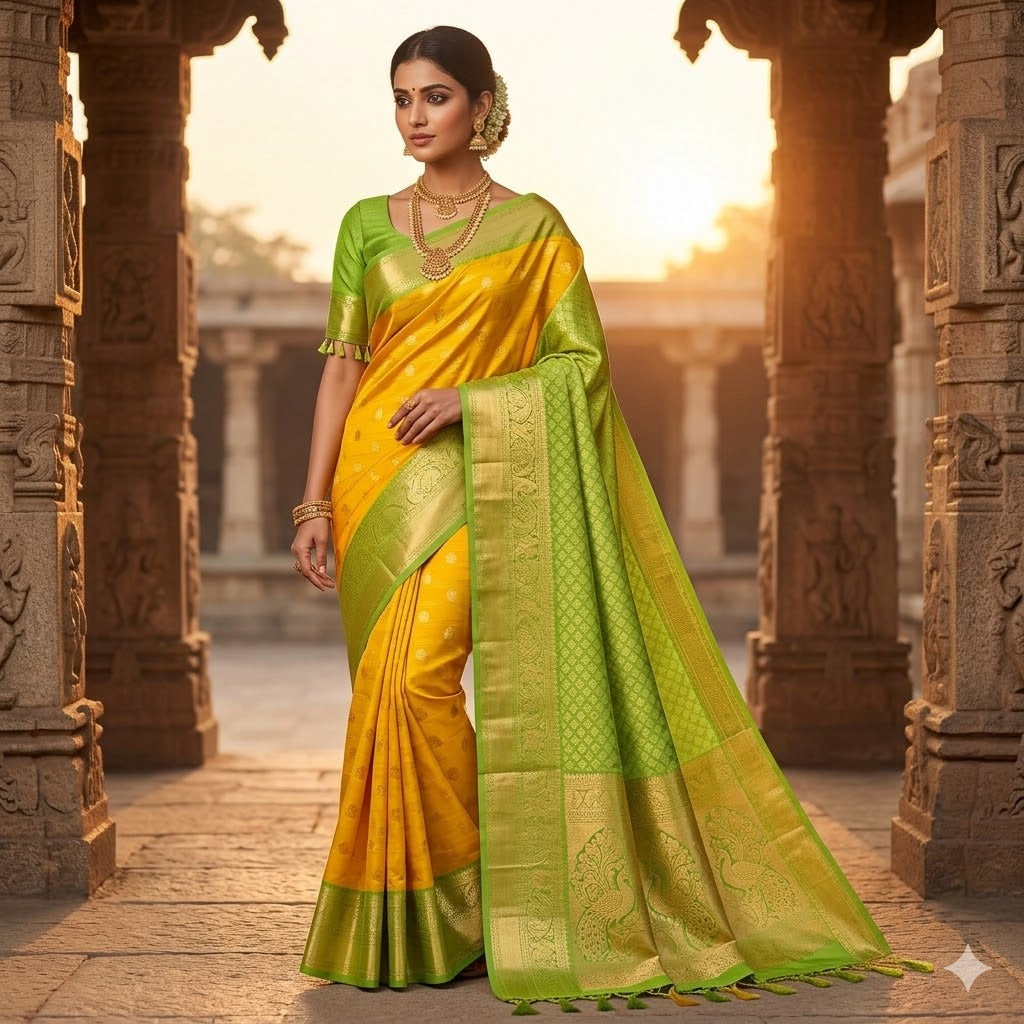 Yellow with Parrot Green Horizontal line Peacock Butta Kanchipuram Soft Silk Saree