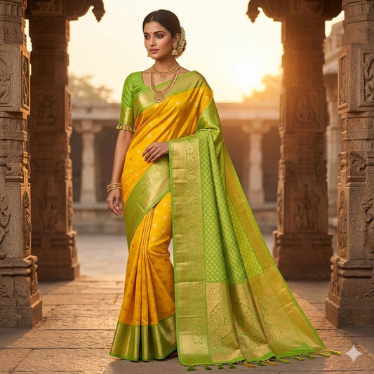 Yellow with Parrot Green Horizontal line Peacock Butta Kanchipuram Soft Silk Saree