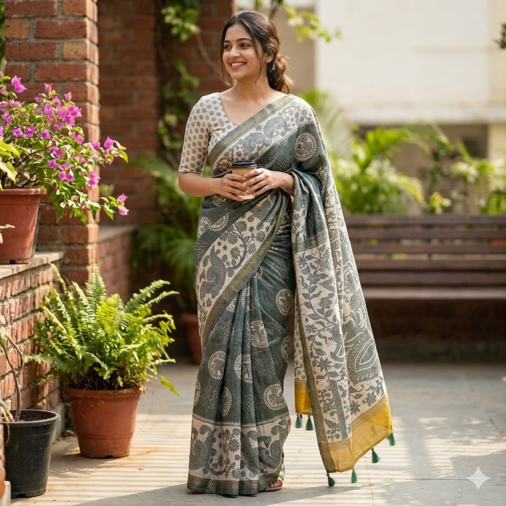 Pastel Green Kalamkari Tussar Silk Saree with Kolam & Elephant Peacock butta