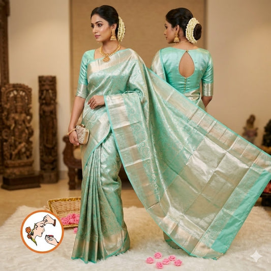 Pastel Mint Green Silver zari Kanchipuram High Tissue Silk Saree