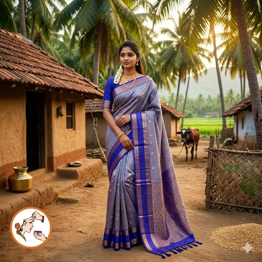 Greyish Blue with Blue Raindrop design Retta Petta border Semi Soft Silk Saree
