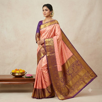 Baby pink & Purple border with intricate Gold zari workTraditional Kanchipuram Mix Silk Saree