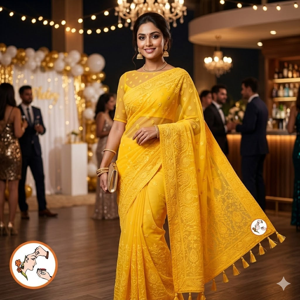 Yellow Lucknowi Chikankari Embriodery Pure Chiffon Partywear Saree