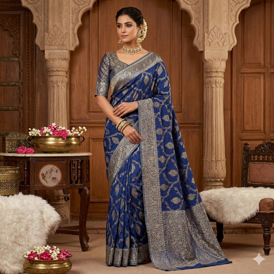 Blue Designer Banarasi Crush Saree