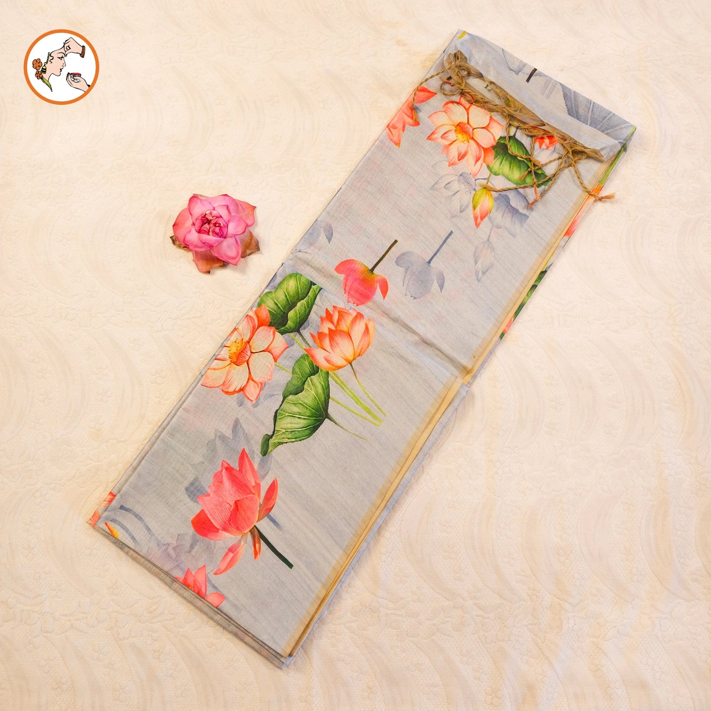 Bluish Grey Lotus Floral Theme Tussar Silk Saree Vivahasilks