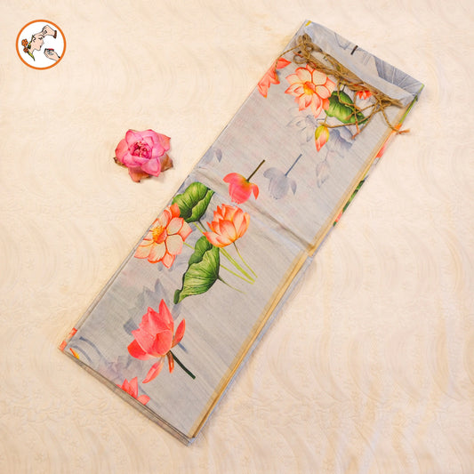 Bluish Grey Lotus Floral Theme Tussar Silk Saree Vivahasilks