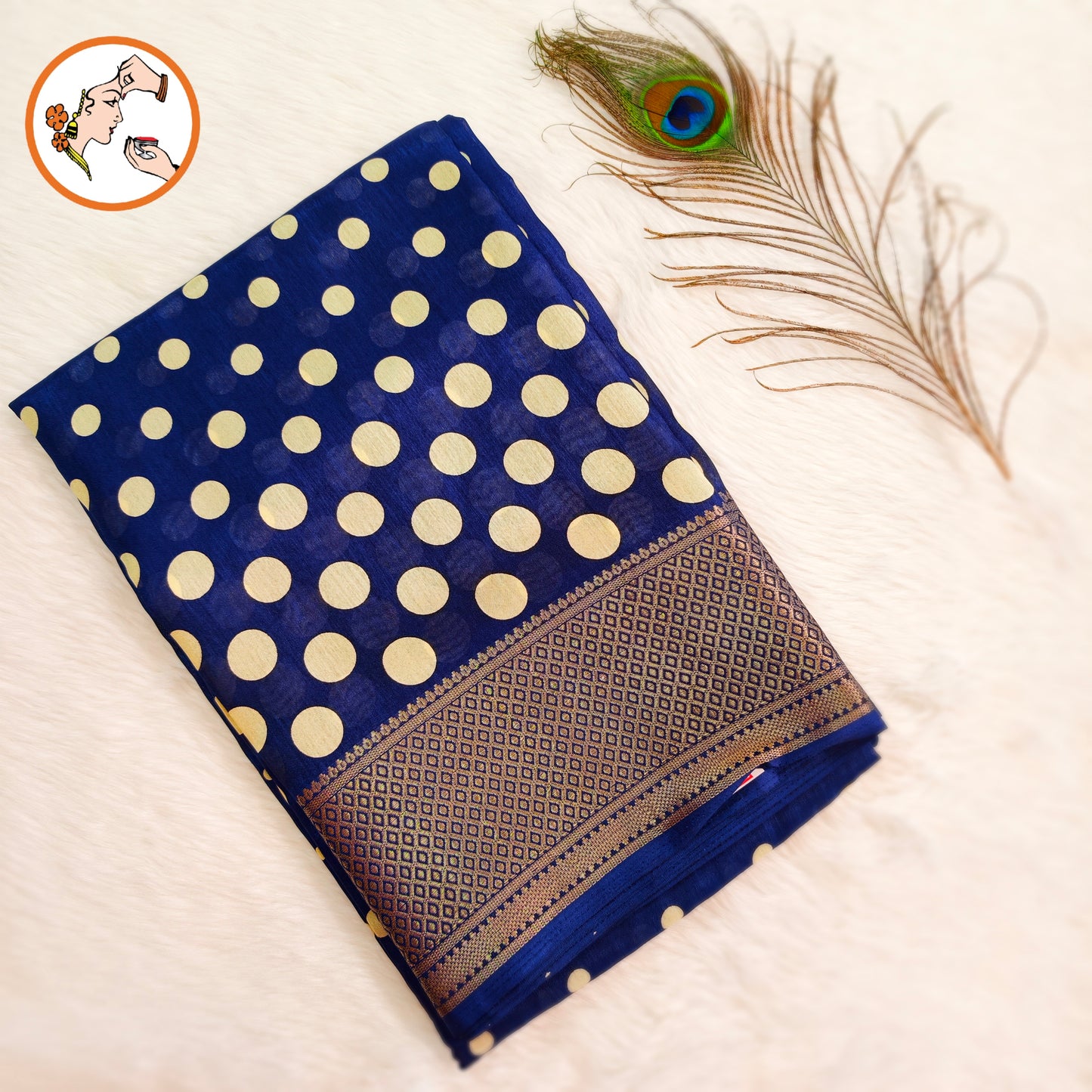 Blue Retro Theme Polka dots Dola Silk Casual Saree