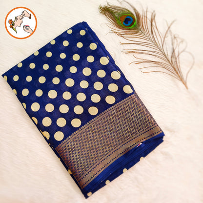 Blue Retro Theme Polka dots Dola Silk Casual Saree