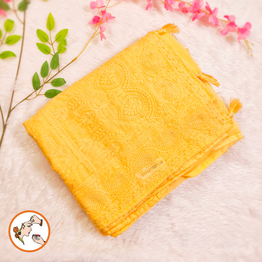 Yellow Lucknowi Chikankari Embriodery Pure Chiffon Partywear Saree