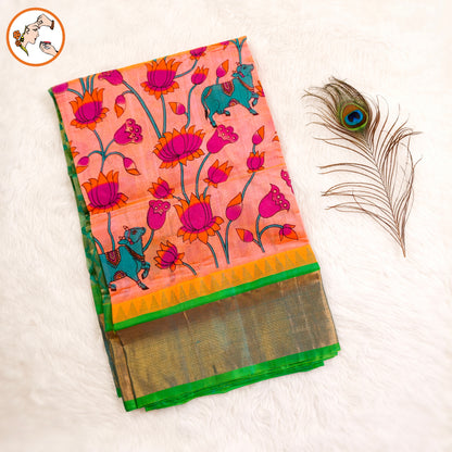 Peach Pink with Sea Green Pure Silk Cotton Saree with beautiful Kalamkari print