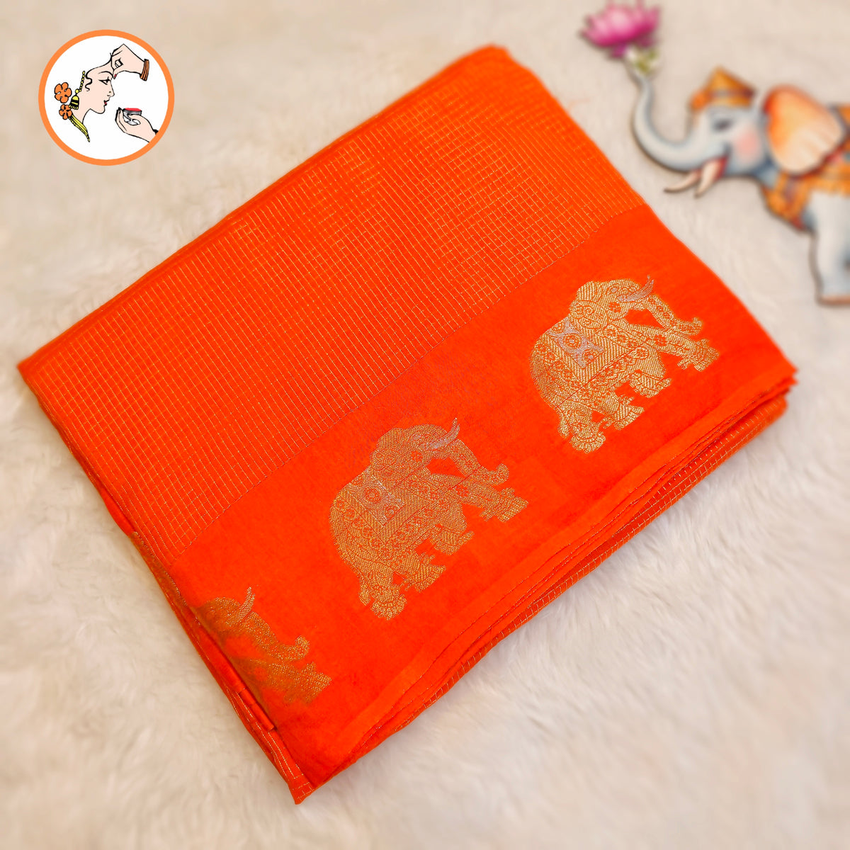 Orange Podikattam elephant border soft viscose Fancy Silk Saree