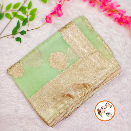 Light Green Pure Organza Designer Saree with contrast Dark Green blouse