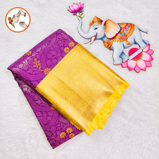 Wine Purple with Yellow border Bridal Kanchipuram Mix Silk Saree