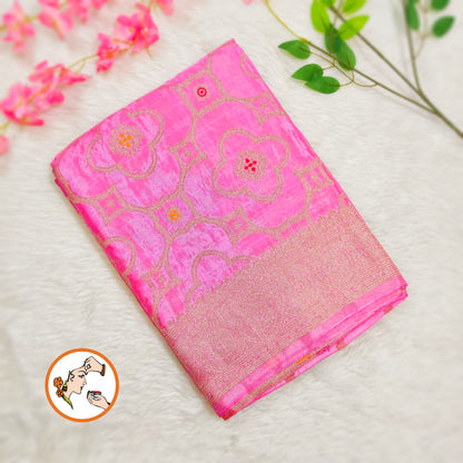 Lotus Pink Gold zari work Bridal Pure Russian Satin Silk Saree