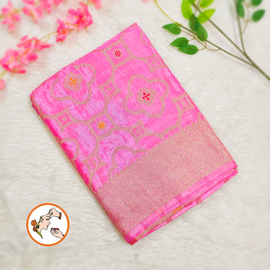 Lotus Pink Gold zari work Bridal Pure Russian Satin Silk Saree