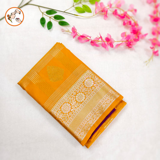 Yellow Traditional check kanchipuram Semi Silk with Purple blouse