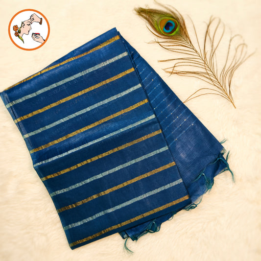 Peacock Blue Vertical stripes Handloom Cotton Casual Saree