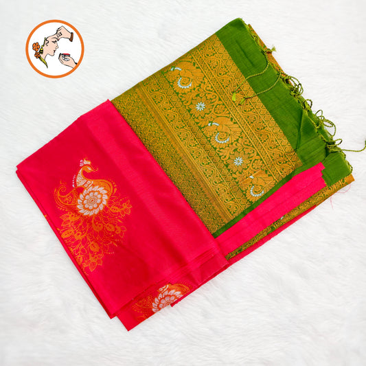 Reddish Pink with Green Borderless Soft Silk Saree with Peacock butta
