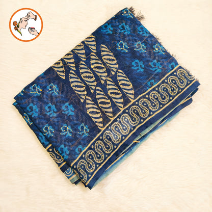 Indigo Blue Chanderi Kantha Embroidary Cotton Casual Saree