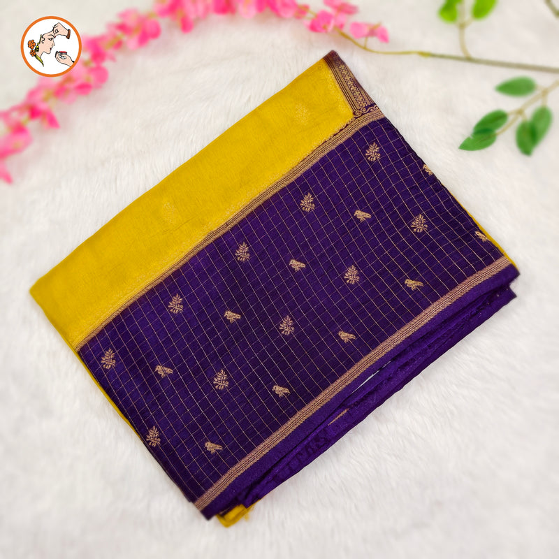 Yellow Viscose Soft Silk Saree with Purple checks border