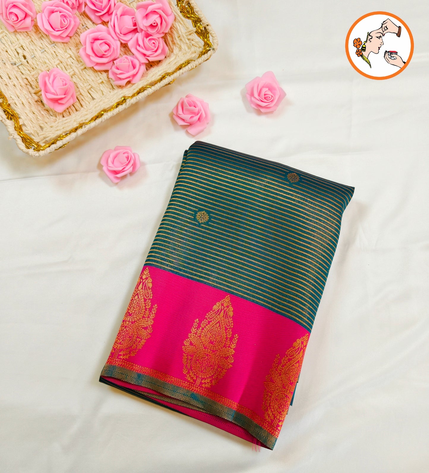 Peacock Blue & Pink Semi Silk Saree with horizontal stripes & fancy border