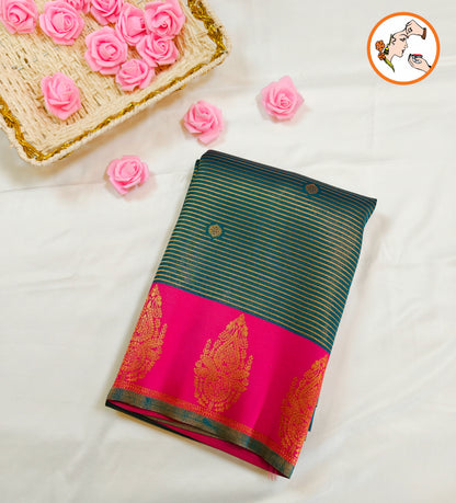 Peacock Blue & Pink Semi Silk Saree with horizontal stripes & fancy border