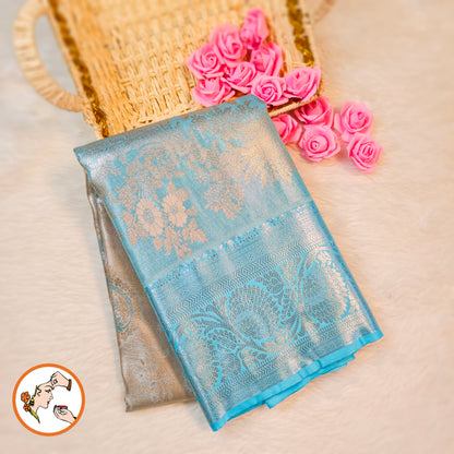 Silver with Sky Blue border Kanchipuram Tissue Silk Saree