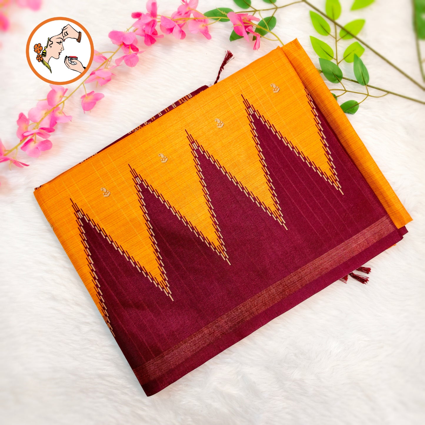 Orange with Maroon temple border Dola Silk Casual Saree