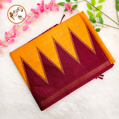 Orange with Maroon temple border Dola Silk Casual Saree