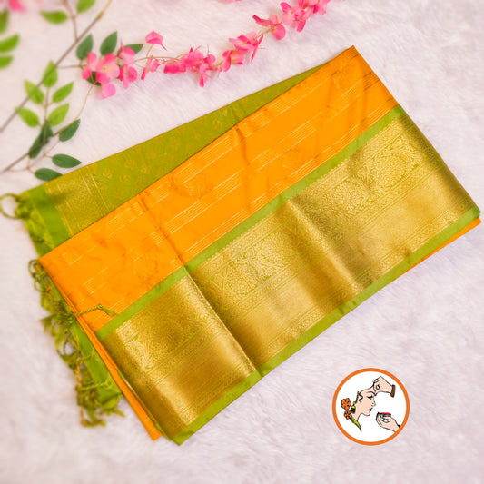Yellow with Parrot Green Horizontal line Peacock Butta Kanchipuram Soft Silk Saree