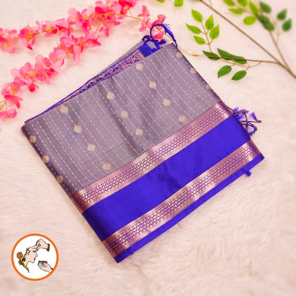 Greyish Blue with Blue Raindrop design Retta Petta border Semi Soft Silk Saree