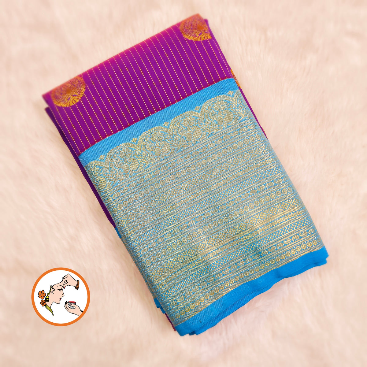 Purple with Sky Blue border Gold zari vertical stripes & teardrop motif Kanchipuram Semi Silk Saree