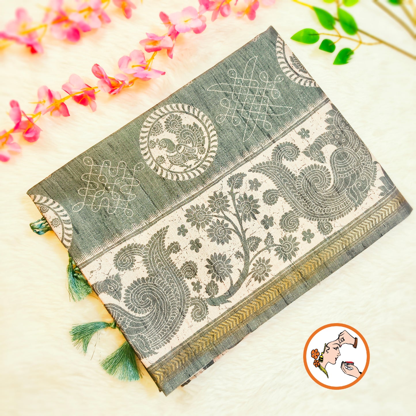Pastel Green Kalamkari Tussar Silk Saree with Kolam & Elephant Peacock butta