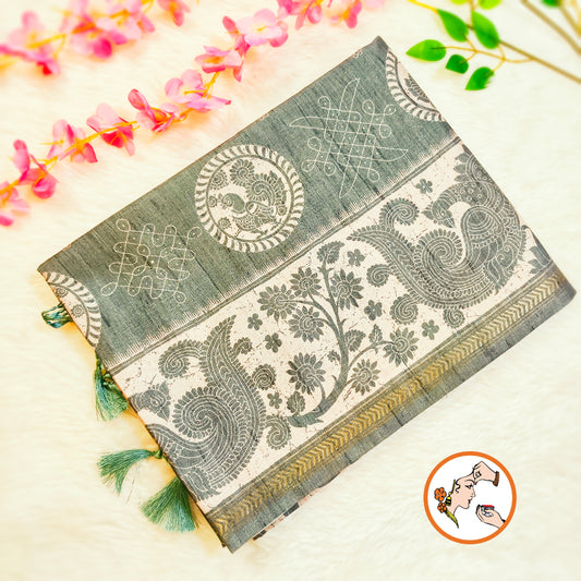 Pastel Green Kalamkari Tussar Silk Saree with Kolam & Elephant Peacock butta