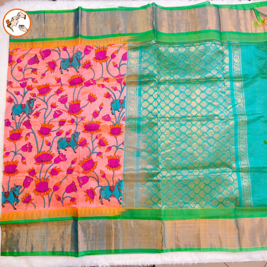Peach Pink with Sea Green Pure Silk Cotton Saree with beautiful Kalamkari print