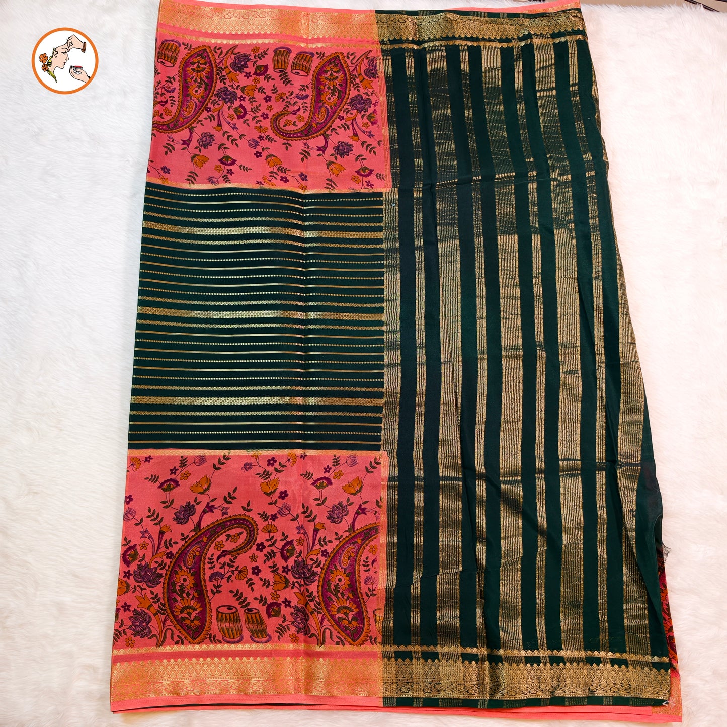 Dark Green & Peach designer semi Mysore Silk Saree