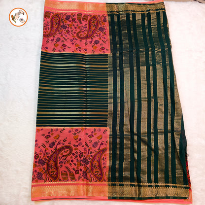 Dark Green & Peach designer semi Mysore Silk Saree