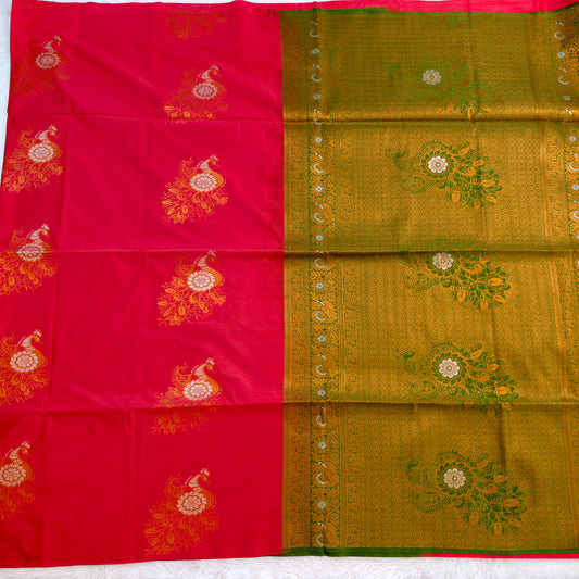 Reddish Pink with Green Borderless Soft Silk Saree with Peacock butta