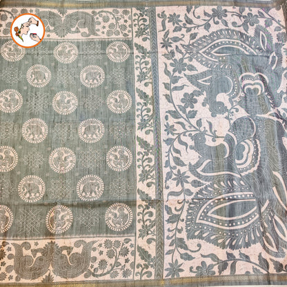 Pastel Green Kalamkari Tussar Silk Saree with Kolam & Elephant Peacock butta