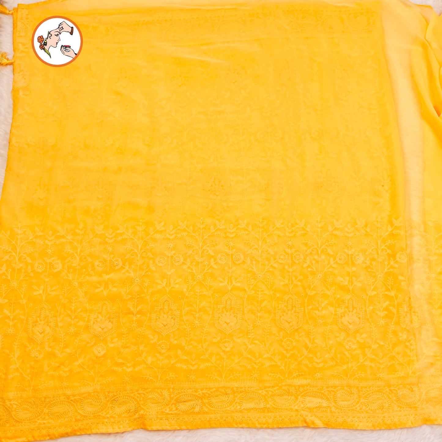 Yellow Lucknowi Chikankari Embriodery Pure Chiffon Partywear Saree