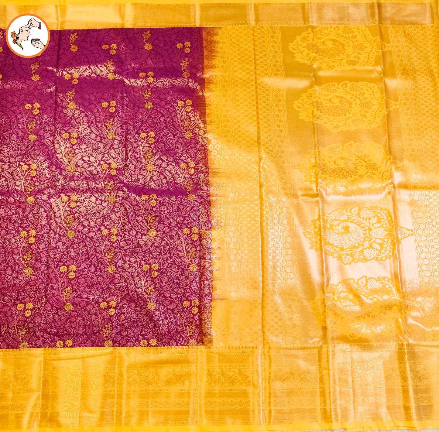 Wine Purple with Yellow border Bridal Kanchipuram Mix Silk Saree